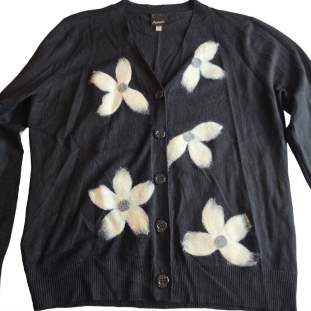 Aaeda By Anthropologie M Black Ethereal 3D Floral Cardigan 2844-Bo